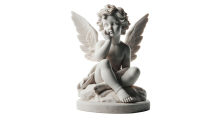 Obraz premium cherub marble stone statue, angel with wings isolated on transparent background - Fictional Person, PNG file, cut out graphic resource on white backround