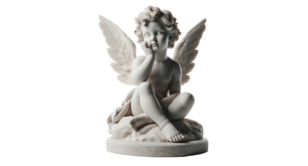 cherub marble stone statue, angel with wings isolated on transparent background - Fictional Person, PNG file, cut out graphic resource on white backround