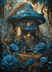 Enchanted fairy tale cottage surrounded by blue roses and mist