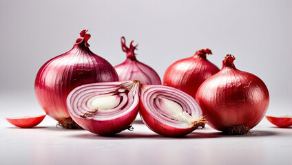 A Fresh Display of Whole and Sliced Red Onions Isolated for Culinary Use