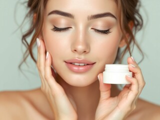 A young woman with beautiful, flawless skin holding a cream in her hand, suggesting that she may be involved in skincare or testing cosmetic products.