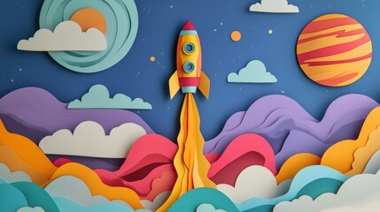 A cheerful cutout rocket ascends among floating planets and soft clouds, capturing a vibrant and imaginative journey into space.