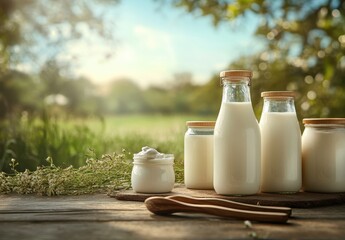 Fresh Dairy Milk Bottles on Rustic Wooden Table Surrounded by Nature in the Soft Morning Light, Ideal for Healthy Lifestyle Promotion and Organic Products
