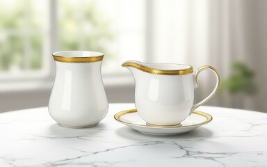 Fototapeta premium Digital Illustration of White Porcelain Pitcher and Cup with Gold Trim on Marble Table