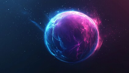 Obraz premium Celestial Sphere: A captivating depiction of a vibrant, luminous sphere, awash in electric blue and deep magenta hues, swirling in the vast expanse of space, with sparkling stars in the background.