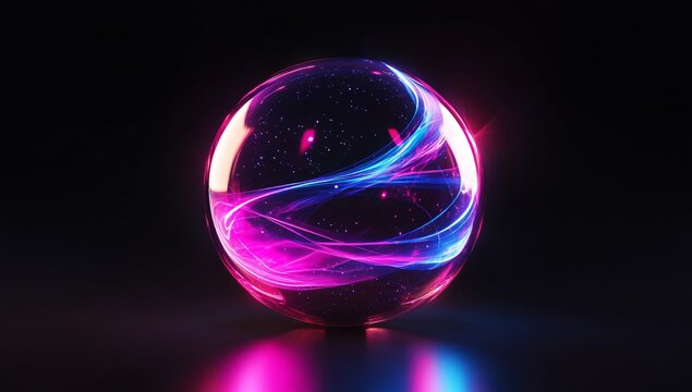 Mystic Sphere: A mesmerizing, radiant sphere shimmers with dynamic energy, enclosed in a cosmic dance of light and color. It embodies the essence of technology and futuristic beauty.