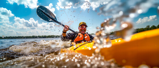 A man in a yellow kayak paddling through the water