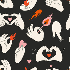 Naklejka premium Seamless pattern with white Hands gestures, flames, match and heart. Love, passion and creativity concept. Trendy modern vector illustration on black background, hand drawn, flat design.