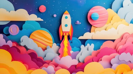 A cheerful cutout rocket ascends among floating planets and soft clouds, capturing a vibrant and imaginative journey into space.