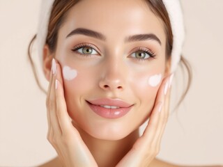 A young woman with beautiful, flawless skin who has cream applied on her face, suggesting that she might be involved in skincare or testing cosmetic products.