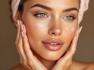 A young woman with beautiful, flawless skin who has cream applied on her face, suggesting that she might be involved in skincare or testing cosmetic products.