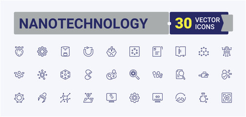 Nanotechnology line icons set. Pack of ai, engine, molecule, monitor, microscope, idea, computer and more. Pixel perfect. Editable stroke icon collections.