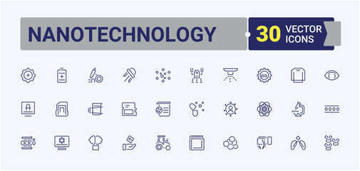 Nanotechnology line icons set. Pack of ai, engine, molecule, monitor, microscope, idea, computer and more. Pixel perfect. Editable stroke icon collections.