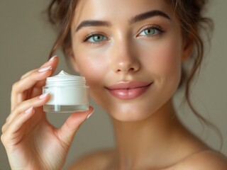 A young woman with beautiful, flawless skin holding a cream in her hand, suggesting that she may be involved in skincare or testing cosmetic products.
