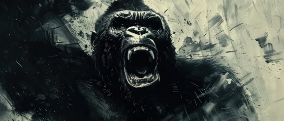 A powerful gorilla roars ferociously, set against a dark and chaotic background that enhances the sense of fear and tension in a horror movie atmosphere.