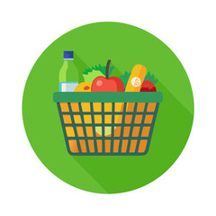Flat Illustration Of A Shopping Basket Filled With Fresh Produce, Including Apples, A Bottle, Bread, And Vegetables. Ideal For Grocery Shopping, Healthy Eating, And Organic Food Concepts