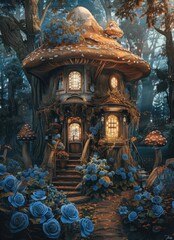 Fototapeta premium Enchanted Mushroom House Surrounded by Blue Roses and Trees