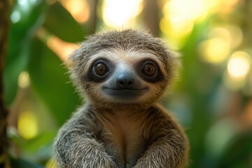 Naklejka premium Close-up view of a baby sloth hanging from a tree branch, emphasizing its small size and adorable features