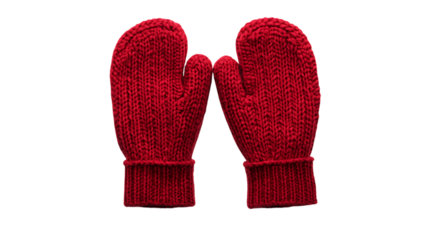 Pair of red knitted mittens on black background