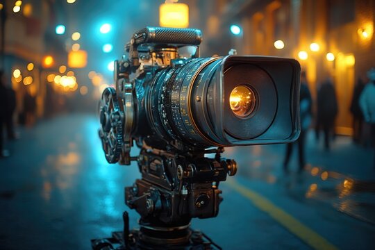 A camera mounted on a tripod in a city at night scene, suitable for use in urban photography or crime investigation settings