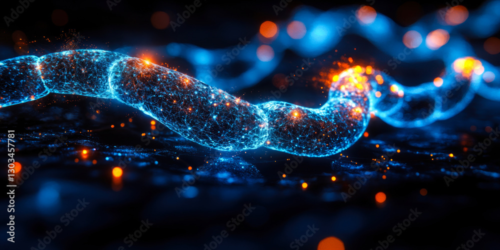 Poster futuristic digital network visualization with glowing interconnected nodes and data flow in blue and