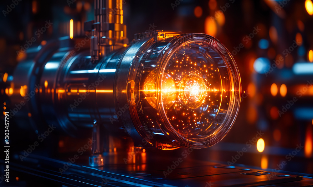 Poster advanced photon detection system in high-energy physics laboratory with glowing light and precision 