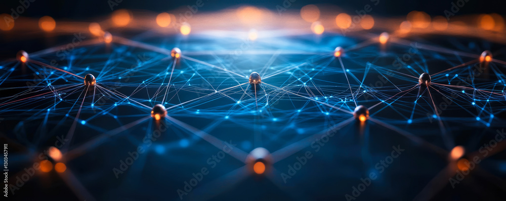 Poster innovative digital network of interconnected glowing nodes and lines representing communication tech