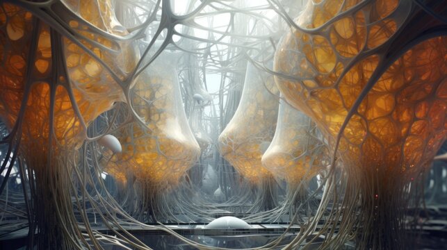 Entangled organic structures create a bioluminescent architectural dreamscape