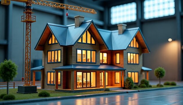 House model with construction crane, industrial workspace, cool-toned lighting, house model placed next to a detailed miniature construction crane