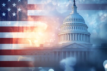 The American Dream: The United States Capitol Building stands proudly alongside the American flag, a symbol of democracy and national pride. Capturing the spirit of unity.