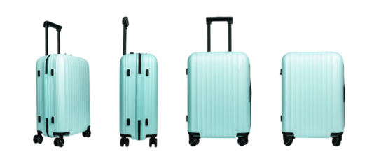 Suitcase collection featuring stylish travel bags with wheels and handles in different angles. Modern luggage design for tourism, flight, vacation, and journey. Isolated on white background.