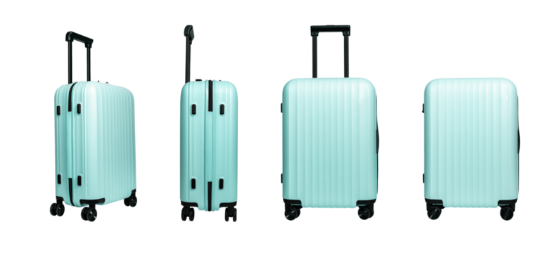 Suitcase collection featuring stylish travel bags with wheels and handles in different angles. Modern luggage design for tourism, flight, vacation, and journey. Isolated on white background.