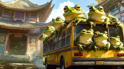 A group of frogs sitting on top of a yellow bus