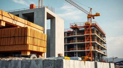 Dynamic construction site showcasing a modern building in progress with cranes, wooden materials, and blue sky, highlighting the efforts of workers and machinery in urban development.   
