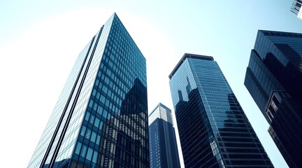Fototapeta premium Dynamic view of modern skyscrapers with glass facades, showcasing a unique perspective against a bright blue sky, reflecting contemporary urban architecture. 