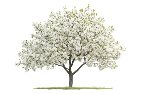 A magnificent blooming tree stands alone in a serene landscape, exuding tranquility and beauty isolated on transparent background