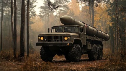 Military vehicle equipped with a missile launcher stationed in a forest, representing a wartime or World War scenario