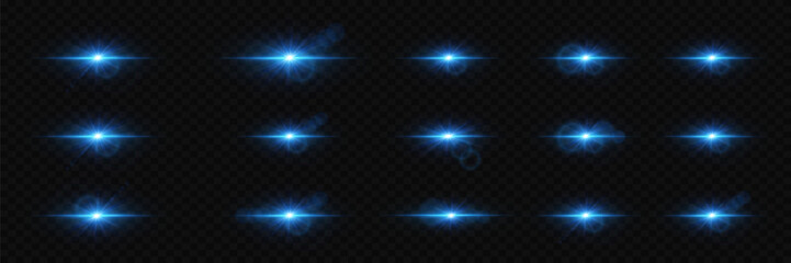 Set of bright stars and flares. The light effect of a bright star and explosion, a magical glare of light.