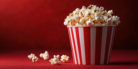 Movie snack enjoyment with a large bucket of popcorn on a red background