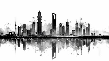 A highly detailed black ink drawing captures Riyadh's skyline at dusk, emphasizing the intricate architecture and reflections on tranquil waters.