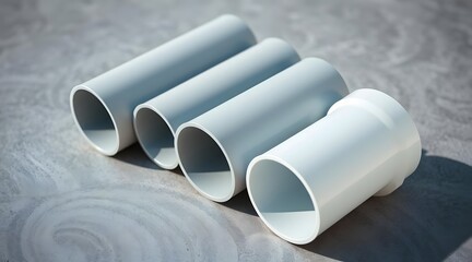 Fototapeta premium Set of four white PVC pipes arranged on a smooth surface, showcasing their cylindrical design and versatility for various plumbing and construction projects. 