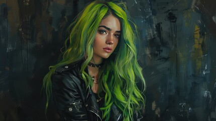 Fototapeta premium A young woman with bright green hair, wearing a black leather jacket.