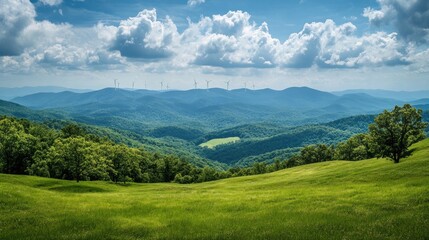 Obraz premium Appalachian Mountain Range vista with wind turbines