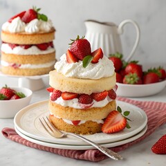 Soft and Fluffy Cupcakes with Whipped Cream and Fresh Strawberries on a White Plate
