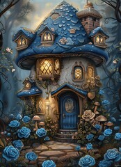 Fototapeta premium Enchanted Fairy Tale House Amidst Blue Flowers and Moonlit Forest