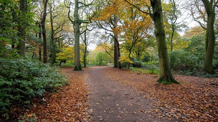 Naklejka premium Enchanted autumn woodland with fallen leaves covering the ground in deep, rich tones.