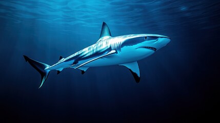 Fototapeta premium Majestic shark swimming gracefully in deep blue ocean waters showcasing its powerful physique and beauty, marine life exploration concept