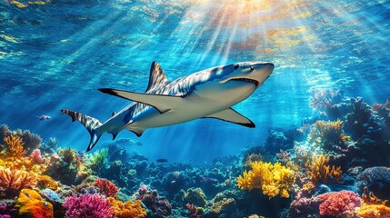 Obraz premium Vibrant coral reef with a majestic shark swimming gracefully through crystal clear waters, showcasing the beauty of marine life and underwater ecosystems concept