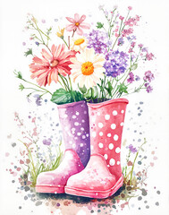 Floral boots Filled with wildflowers on a Grass background