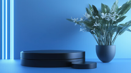 Modern 3D Rendering of Matte Black Podium with Sleek Geometric Shapes, Set Against Gradient Blue Background with Glowing Neon Accents for Showcasing High-Tech or Futuristic Products